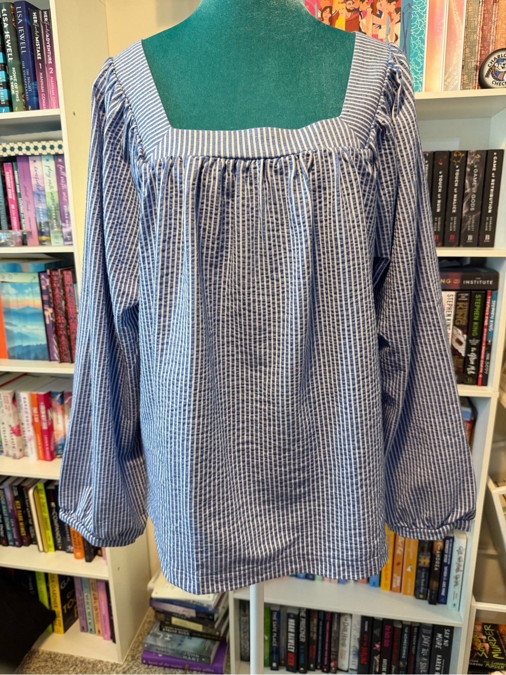J. Crew Blue and White Striped Square-Neck Peasant Top